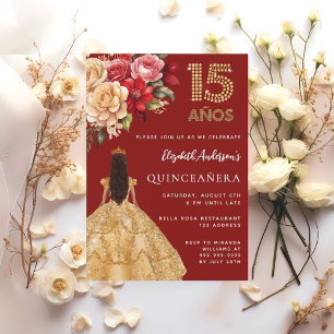 Quinceanera red gold dress florals roses invitation