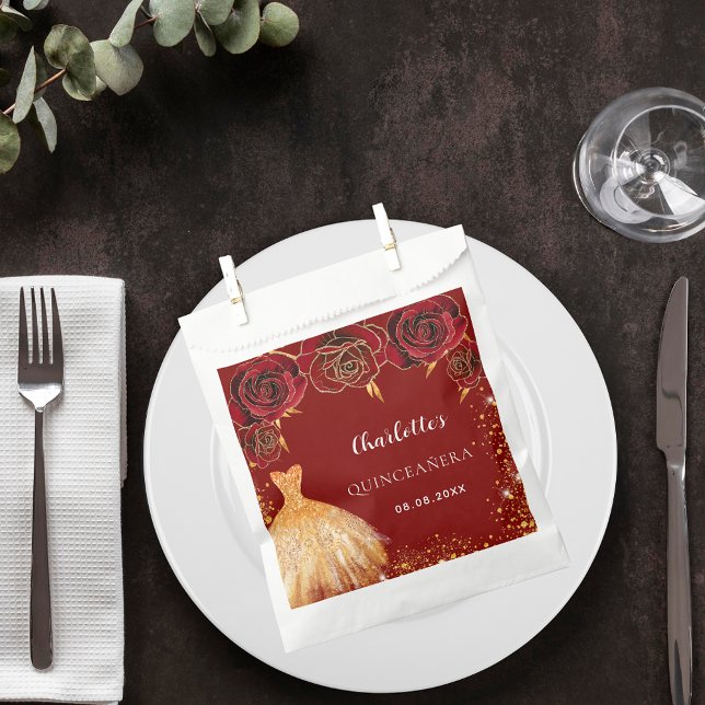 Quinceanera red gold dress flowers favour bag (Creator Uploaded)