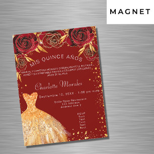 Quinceanera red gold dress flowers luxury magnetic invitation