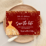 Quinceanera red gold dress glitter save the date announcement postcard<br><div class="desc">A girly and trendy Save the Date for a Quinceañera,  15th birthday party. A red background decorated faux gold glitter sparkles and a golden dress. Personalise and add a date and name/age. The text: Save the Date is written with a large trendy hand lettered style script.</div>