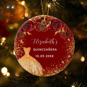 Quinceanera red gold dress name glam ceramic ornament