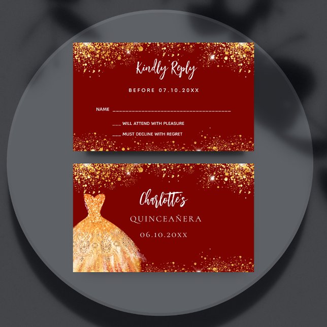 Quinceanera red gold dress response RSVP card (Creator Uploaded)