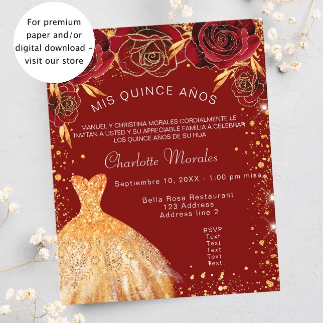 Quinceanera red gold dress roses budget invitation (Creator Uploaded)