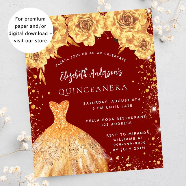 Quinceanera red gold dress roses invitation (Creator Uploaded)