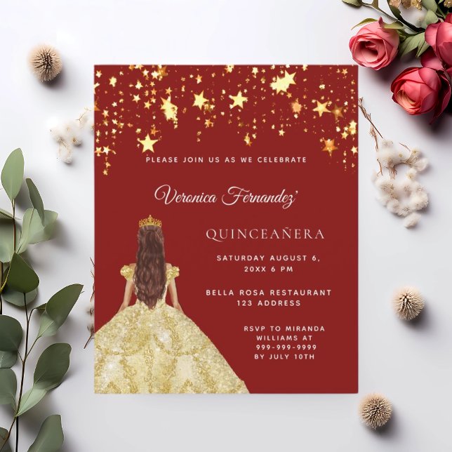 Quinceanera red gold dress stars invitation (Creator Uploaded)
