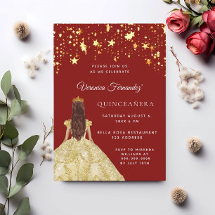 Quinceanera red gold dress stars invitation