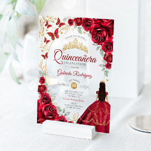 Quinceanera Red Gold Floral Acrylic Invitations