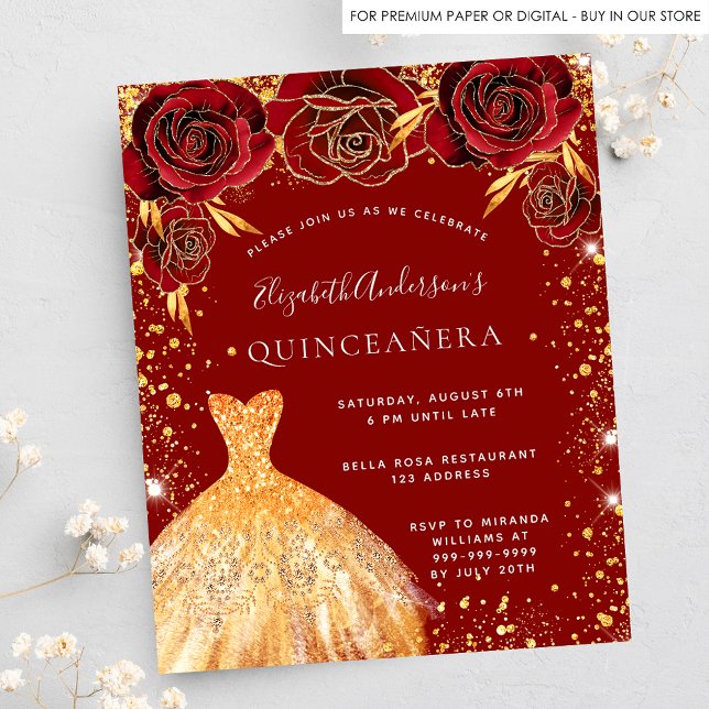 Quinceanera red gold glitter dress floral budget flyer (Creator Uploaded)