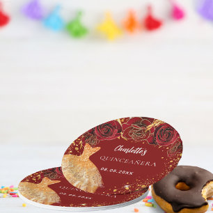 Quinceanera red gold glitter dress floral paper plate