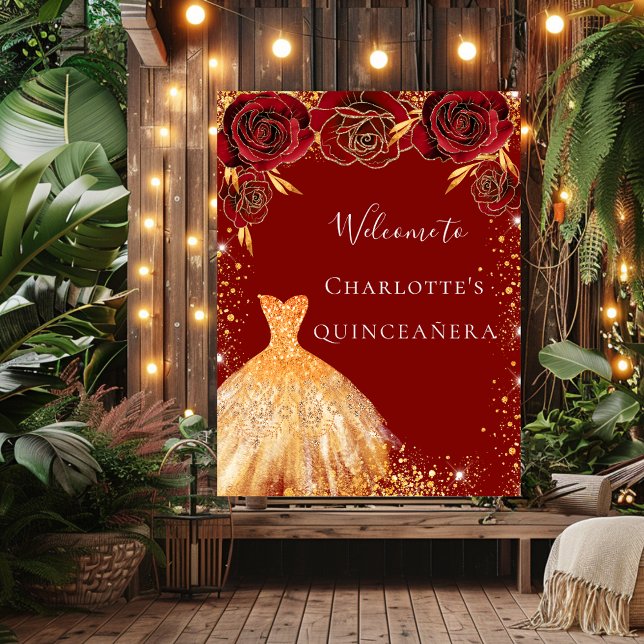 Quinceanera red gold glitter dress floral welcome poster (Creator Uploaded)