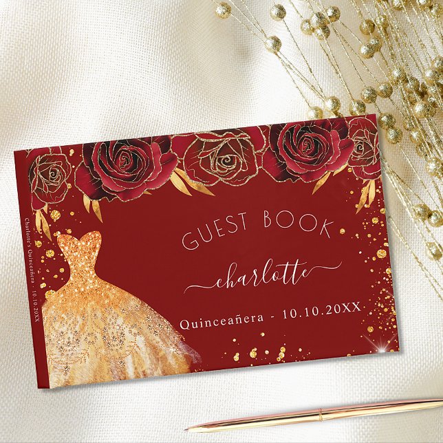 Quinceanera red gold glitter dress flowers  guest book (Creator Uploaded)