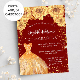 Quinceanera red gold glitter dress roses invitation
