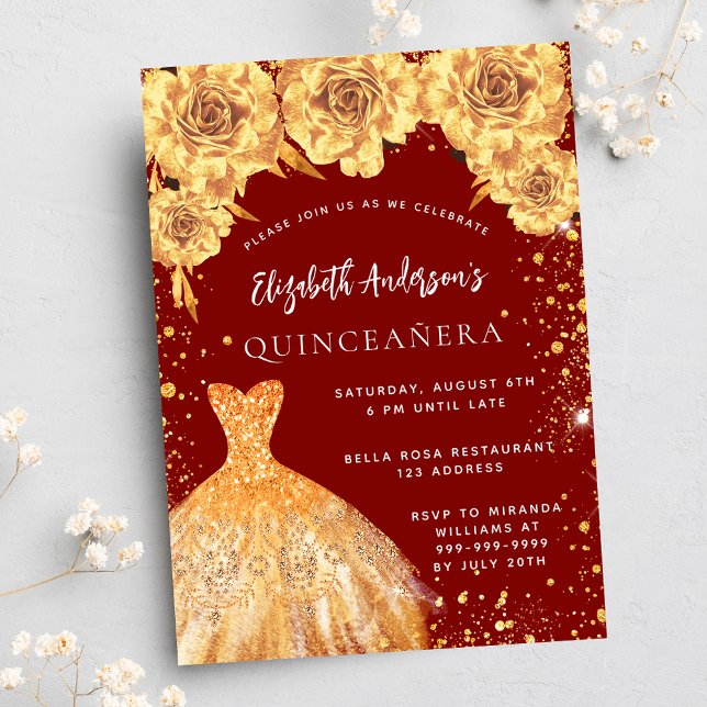 Quinceanera red gold glitter dress roses invitation postcard (Creator Uploaded)