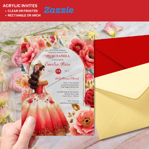 Quinceañera Red Gold Mis Quince Dress Flowers Acrylic Invitations