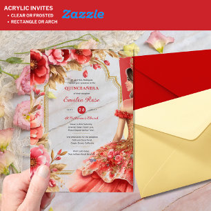 Quinceañera Red Gold Mis Quince Dress Flowers Acrylic Invitations