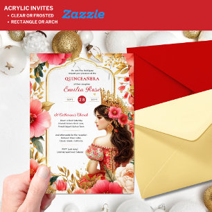 Quinceañera Red Gold Mis Quince Dress Flowers Acrylic Invitations