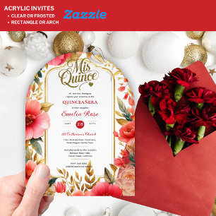 Quinceañera Red Gold Mis Quince Roses Flowers Acrylic Invitations
