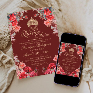Quinceanera - Red Gold Rose Invitation