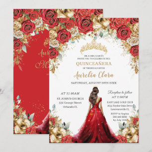 Quinceañera Red Gold Roses Floral Princess Dress Invitation