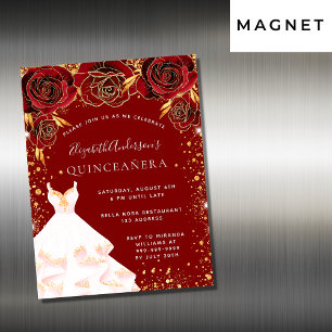 Quinceanera red gold white dress luxury magnetic invitation