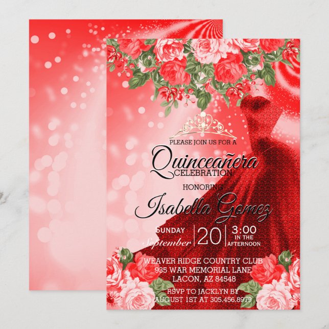 Quinceañera  Red Gown and Flowers Invitation (Front/Back)
