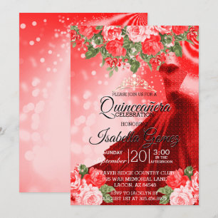 Quinceañera  Red Gown and Flowers Invitation
