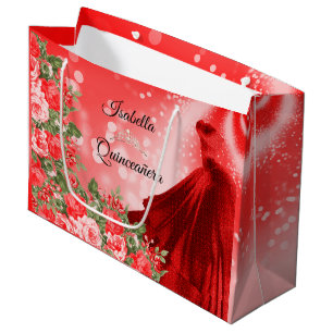 Quinceañera Red Gown and Flowers Large Gift Bag