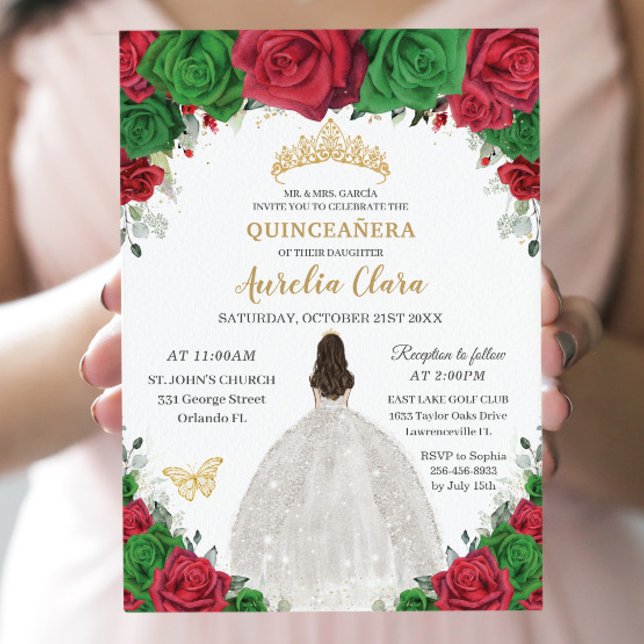 Quinceañera Red Green Floral Princess White Dress Invitation (Creator Uploaded)