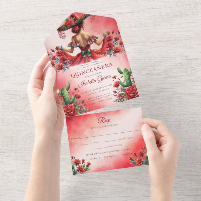 Quinceañera Red Green Mexican Style rsvp All In One Invitation (Tearaway)