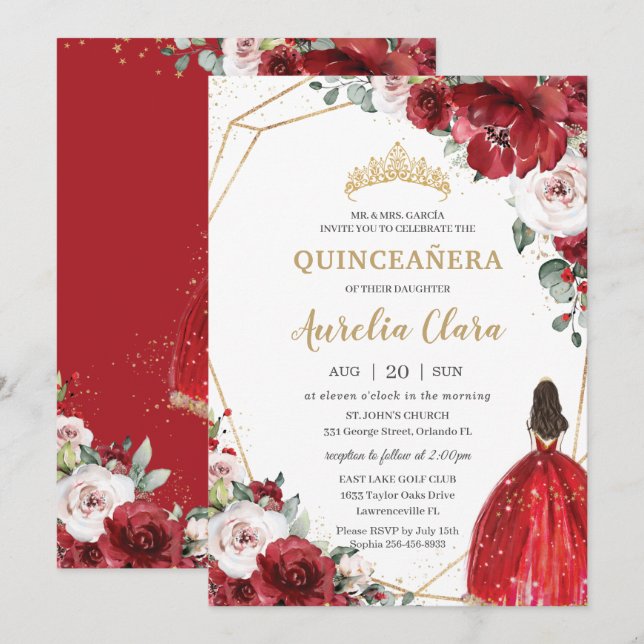Quinceañera Red Ivory Blush Floral Princess Invitation (Front/Back)