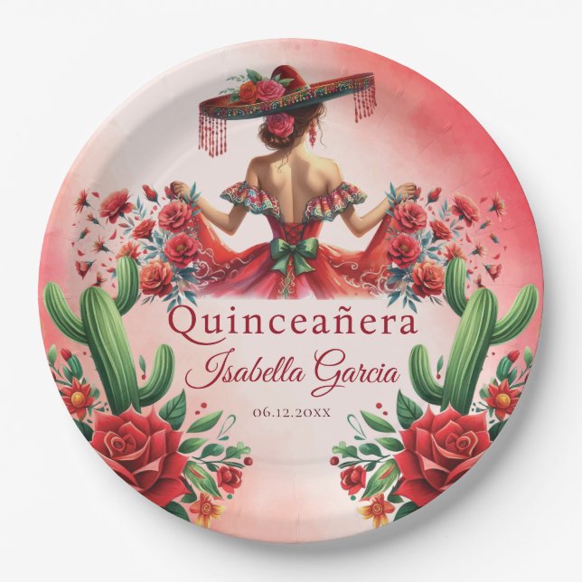Quinceañera Red Mexican Style Paper Plate (Front)