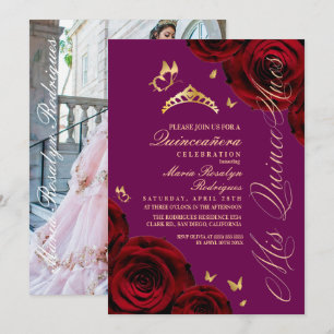 Quinceanera Red Plum Gold Tiara Invitation