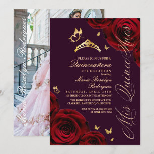 Quinceanera Red Purple Gold Tiara Invitation