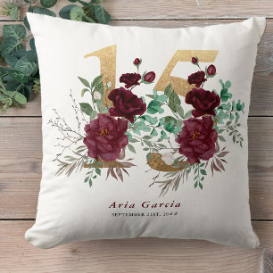 Quinceanera Red Rose Floral Gold Number 15 Cushion