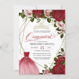 Quinceañera red rose golden tiara birthday party invitation