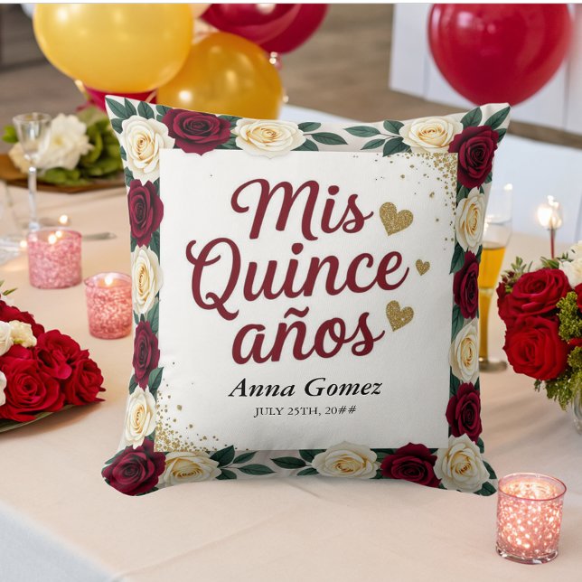 Quinceanera Red Rose Personalised Mis Quince Anos  Cushion (Creator Uploaded)