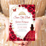 Quinceanera Red Roses Dress Gold Save The Date<br><div class="desc">Red,  gold and white Quinceanera celebration save the date. Features,  brunette girl in ball gown dress script font,  gold butterflies,  watercolor roses and tiara. Perfect for an elegant princess style glam celebration. Personalize with your own details. Printed Zazzle cards or instant download digital printable template.</div>