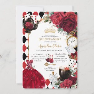 Quinceañera Red Roses Floral Alice in Wonderland Invitation