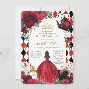 Quinceanera Red Roses Floral Alice in Wonderland Invitation