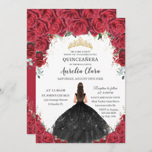 Quinceañera Red Roses Floral Black Dress Gold Invitation