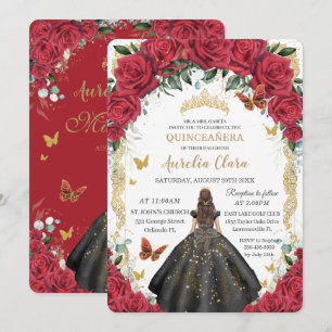Quinceañera Red Roses Floral Black Dress Gown Gold Invitation