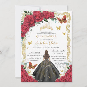 Quinceañera Red Roses Floral Black Dress Princess  Invitation