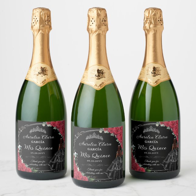 Quinceañera Red Roses Floral Black Dress Silver Sparkling Wine Label (Bottles)