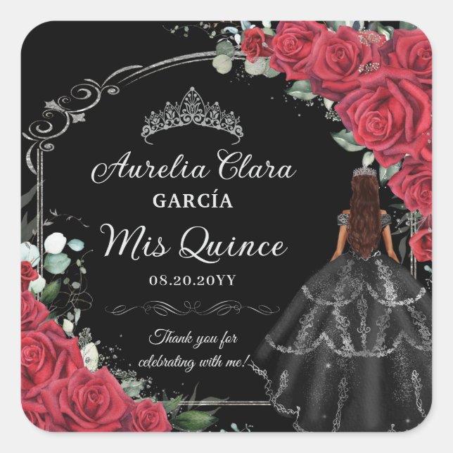 Quinceañera Red Roses Floral Black Dress Silver Square Sticker (Front)