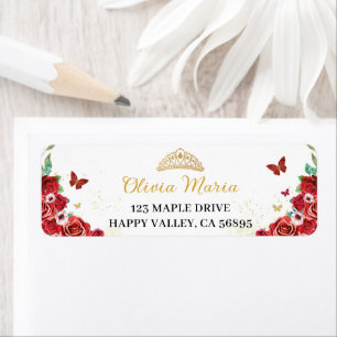 Quinceañera Red Roses Floral Butterflies Address Return Address Label