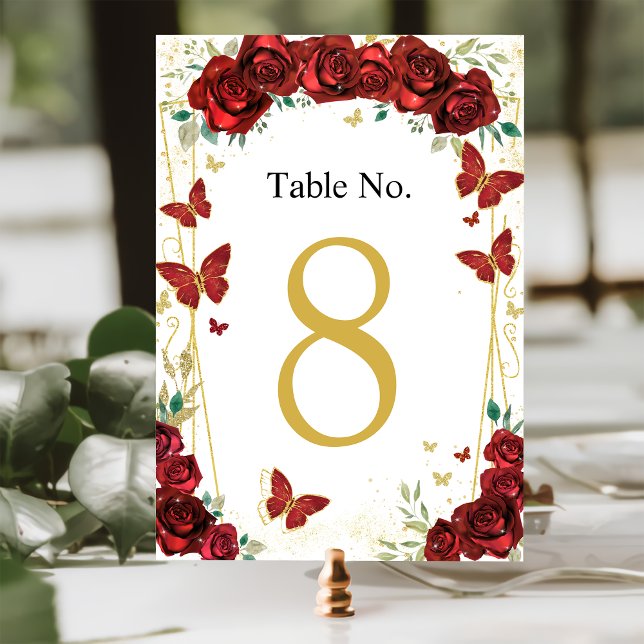 Quinceañera Red Roses Floral Butterflies Table Number (Creator Uploaded)