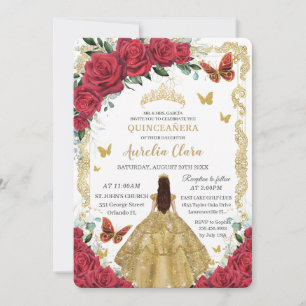 Quinceañera Red Roses Floral Gold Dress Princess  Invitation
