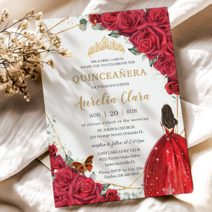 Quinceañera Red Roses Floral Gold Princess Crown Invitation