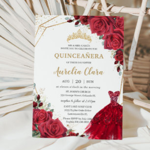 Quinceañera Red Roses Floral Gold Princess Dress Invitation