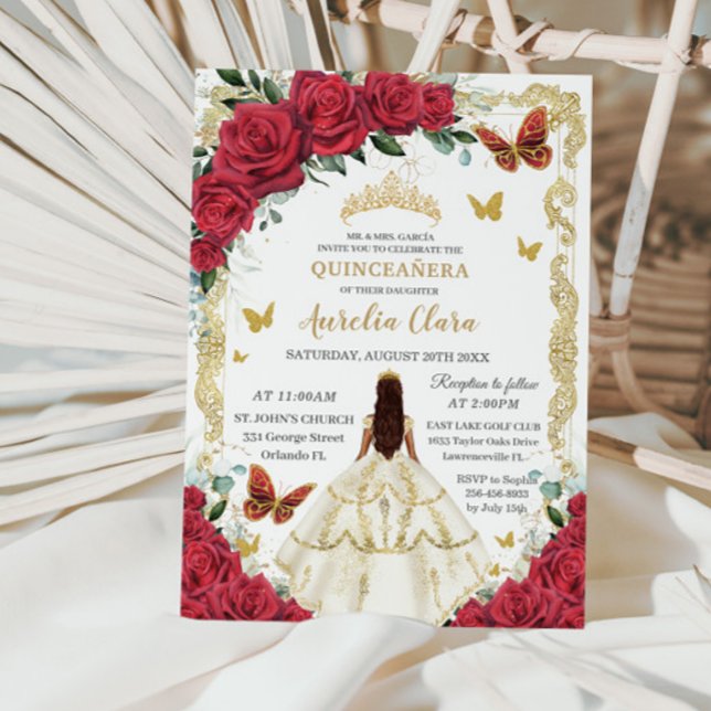 Quinceañera Red Roses Floral Ivory Dress Princess  Invitation (Creator Uploaded)